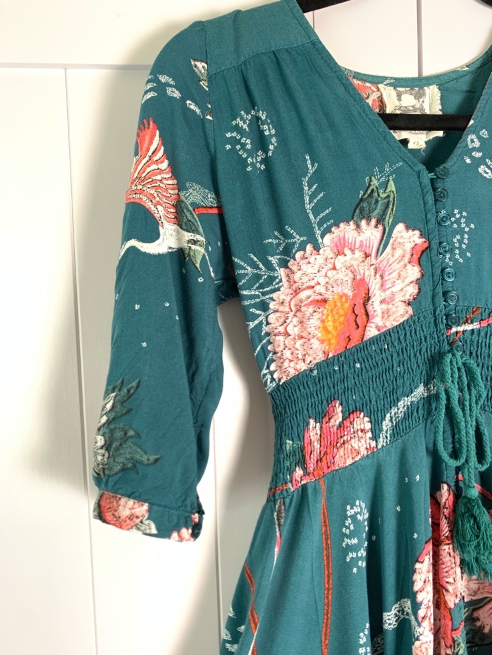 Jaase Maxi Dress XS Teal Floral Boho Autumn Wedding Guest Smocked V-Neck - Picture 8 of 16